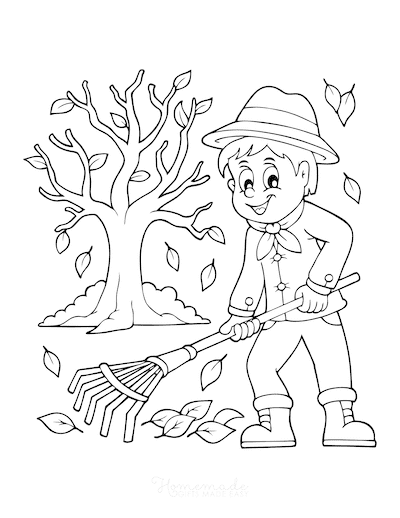 Coloring book little boy rakes leaves